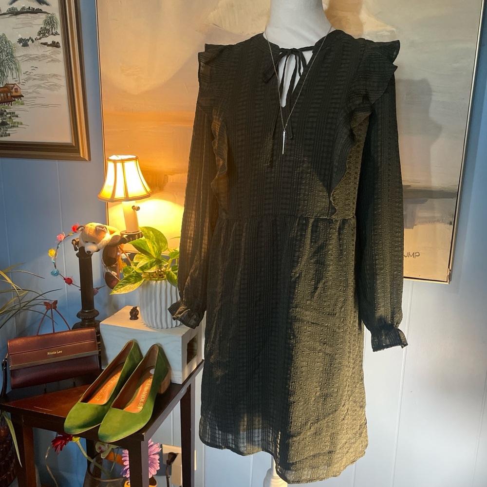LOFT Black Long Sleeve Dress with Ruffles